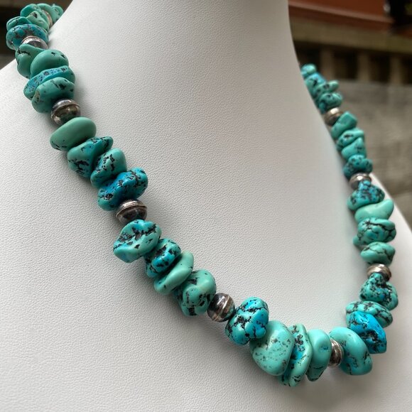 Sale💎Kingman (Old Mine) Turquoise Nugget Necklace,Robin's Egg, Sky Blue 17”Rare - Picture 2 of 10